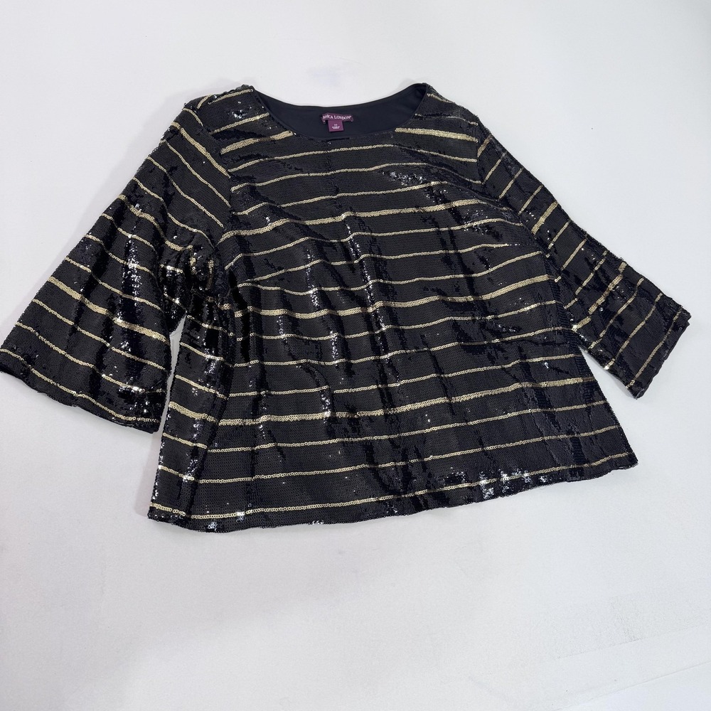 Jessica London Blouse Womens 22 Black Sequin‎ Stripe Bell Sleeve Party Top Knit